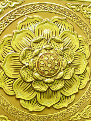 600x600mm Aluminium Metal Ceiling 3D Temple Board Foil Emas Buddha Hall Lotus