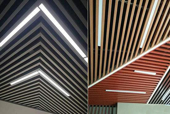 Dekoratif U Baffle Aluminium Panel Ceiling Butir Kayu Dilapisi Suspended Acoustic Ceiling Baffles